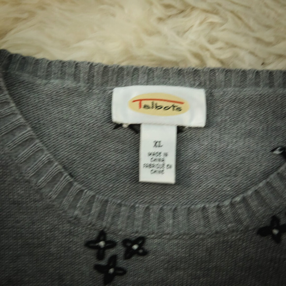 Talbots Size XL Grey Gray Black Floral Embroidered Print Crew Cotton Sweater - Picture 4 of 6